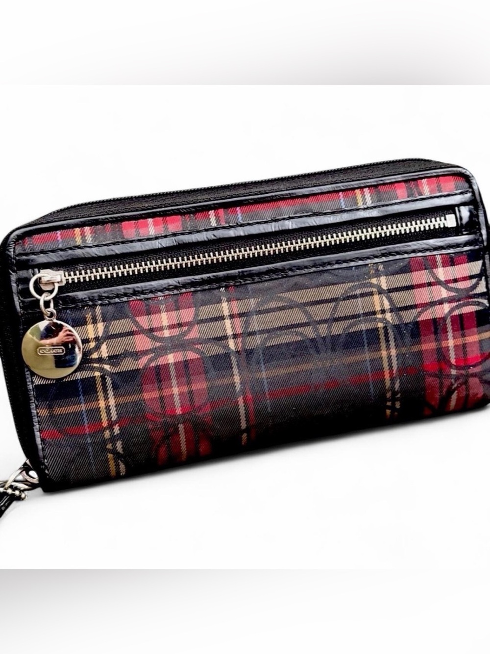 Vintage Coach Plaid Large Zip-Around Wallet in Black and Red